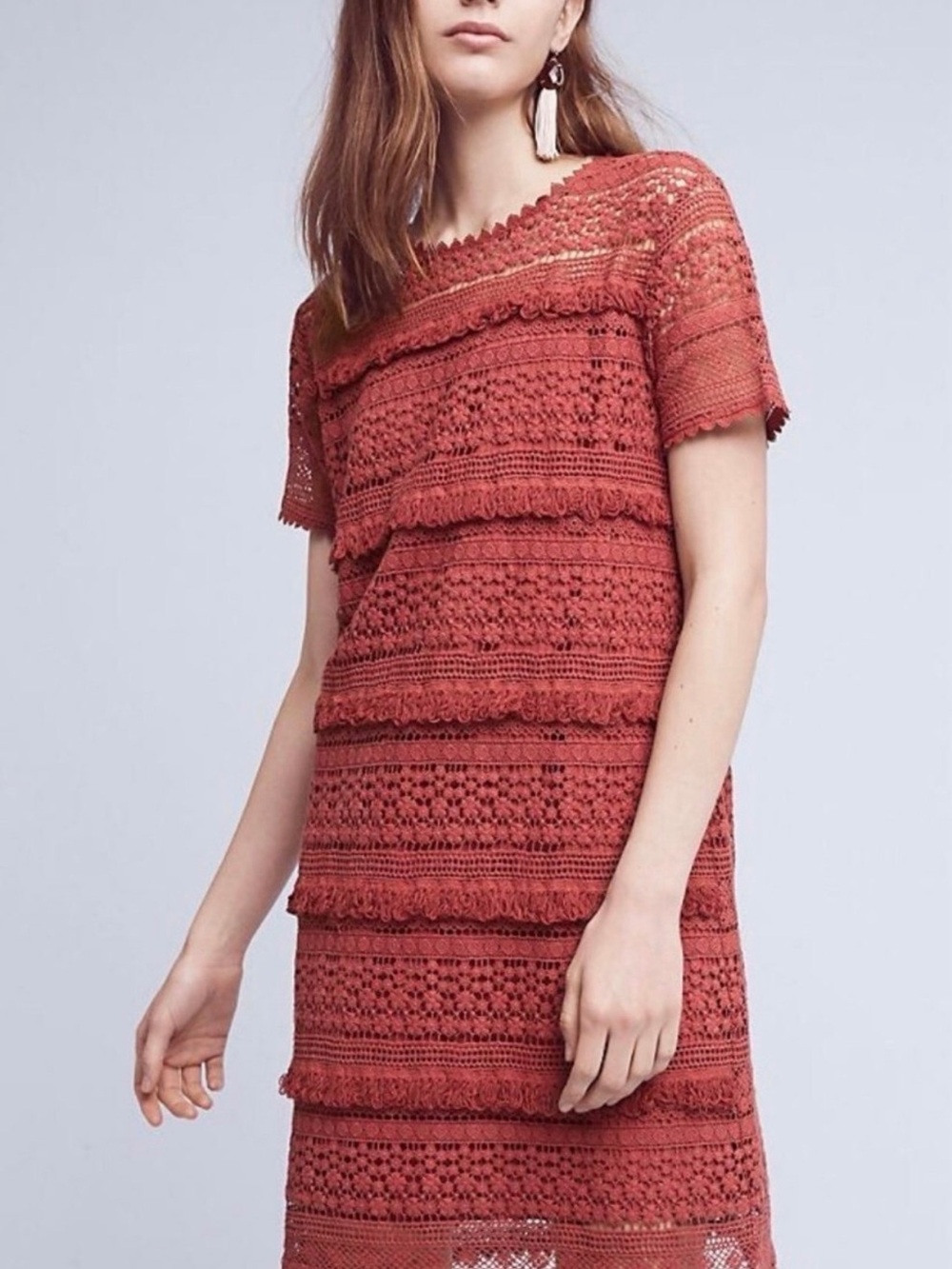 Sky Crochet Lace Midi Dress in Rust